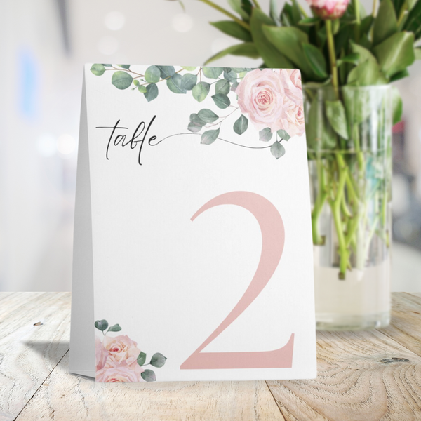 pink roses floral table number for wedding tables - luxury wedding table numbers personalised
