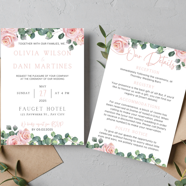 Pink Roses Floral Wedding Invitations