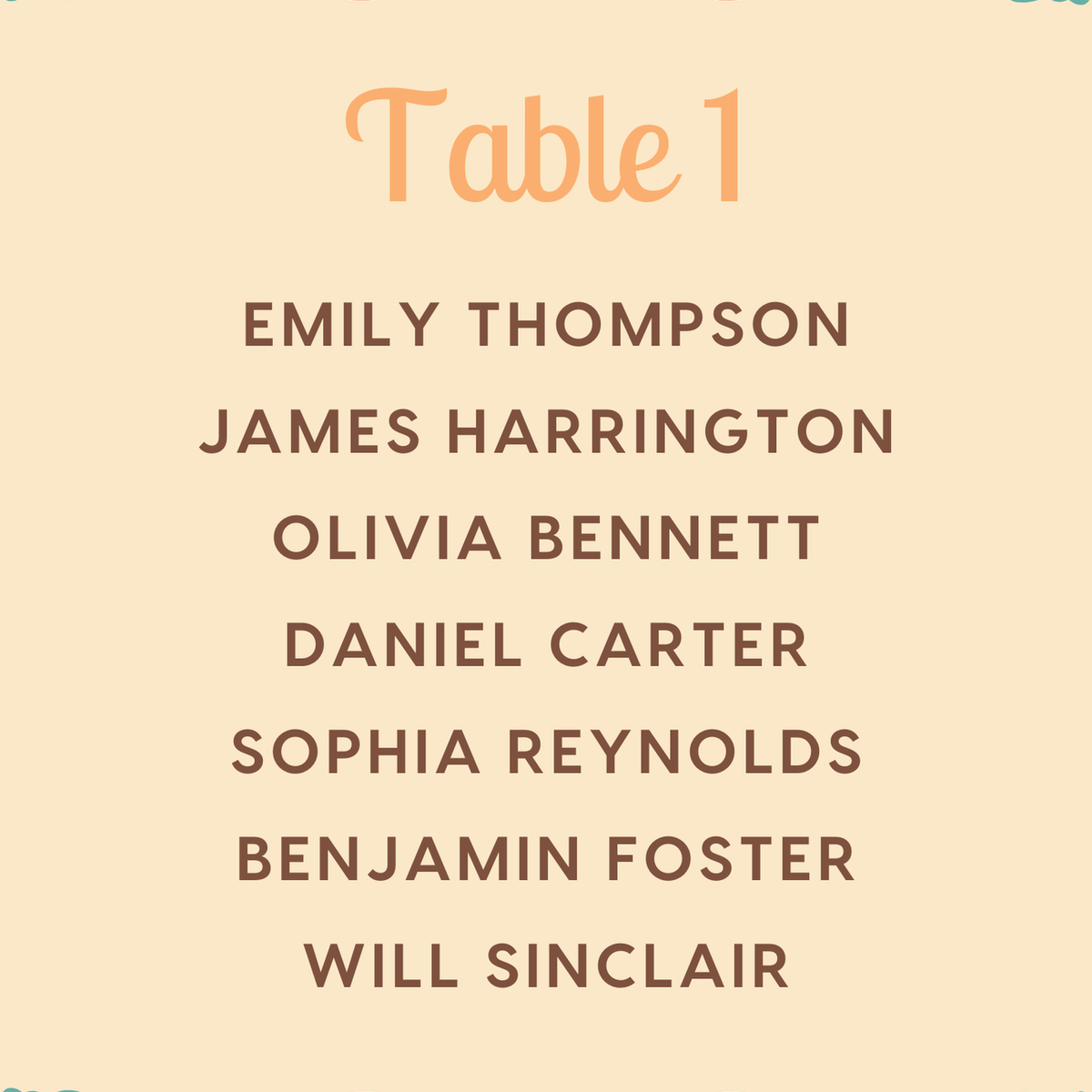Custom Wedding Seating Plan Cards A5 or A6 – Elegant A5 or A6 wedding seating plan cards printed on 350gsm cardstock, featuring table numbers and guest names.