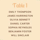 Custom Wedding Seating Plan Cards A5 or A6 – Elegant A5 or A6 wedding seating plan cards printed on 350gsm cardstock, featuring table numbers and guest names.