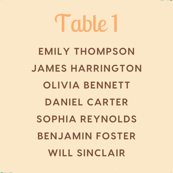 Custom Wedding Seating Plan Cards A5 or A6 – Elegant A5 or A6 wedding seating plan cards printed on 350gsm cardstock, featuring table numbers and guest names.