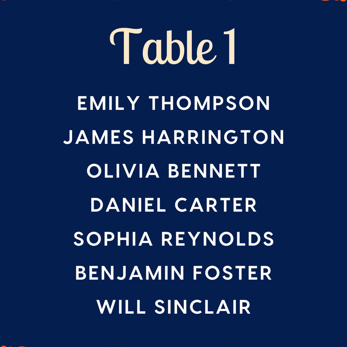 Custom Wedding Seating Plan Cards A5 or A6 – Elegant A5 or A6 wedding seating plan cards printed on 350gsm cardstock, featuring table numbers and guest names.