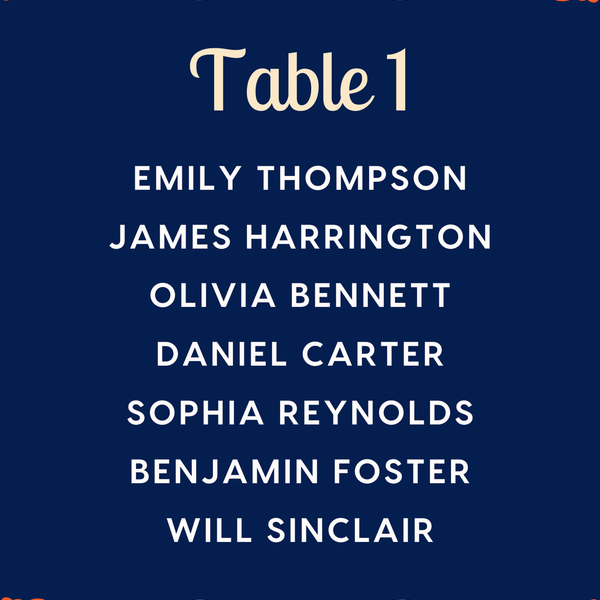 Custom Wedding Seating Plan Cards A5 or A6 – Elegant A5 or A6 wedding seating plan cards printed on 350gsm cardstock, featuring table numbers and guest names.