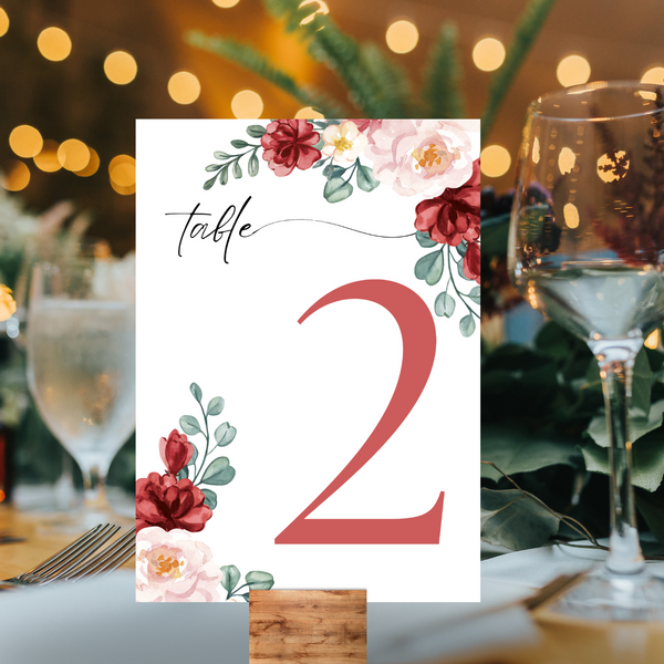 Red & Cream Floral Table Numbers