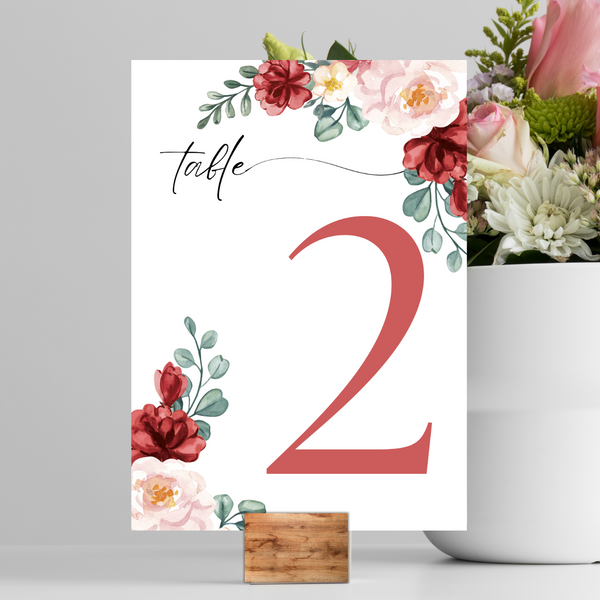 Red & Cream Floral Table Numbers