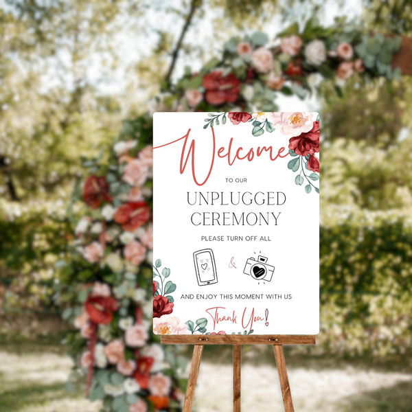 Red & Cream Floral Unplugged Ceremony Sign