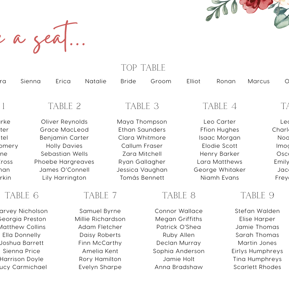 red floral seating chart - personalised floral wedding seating plan board