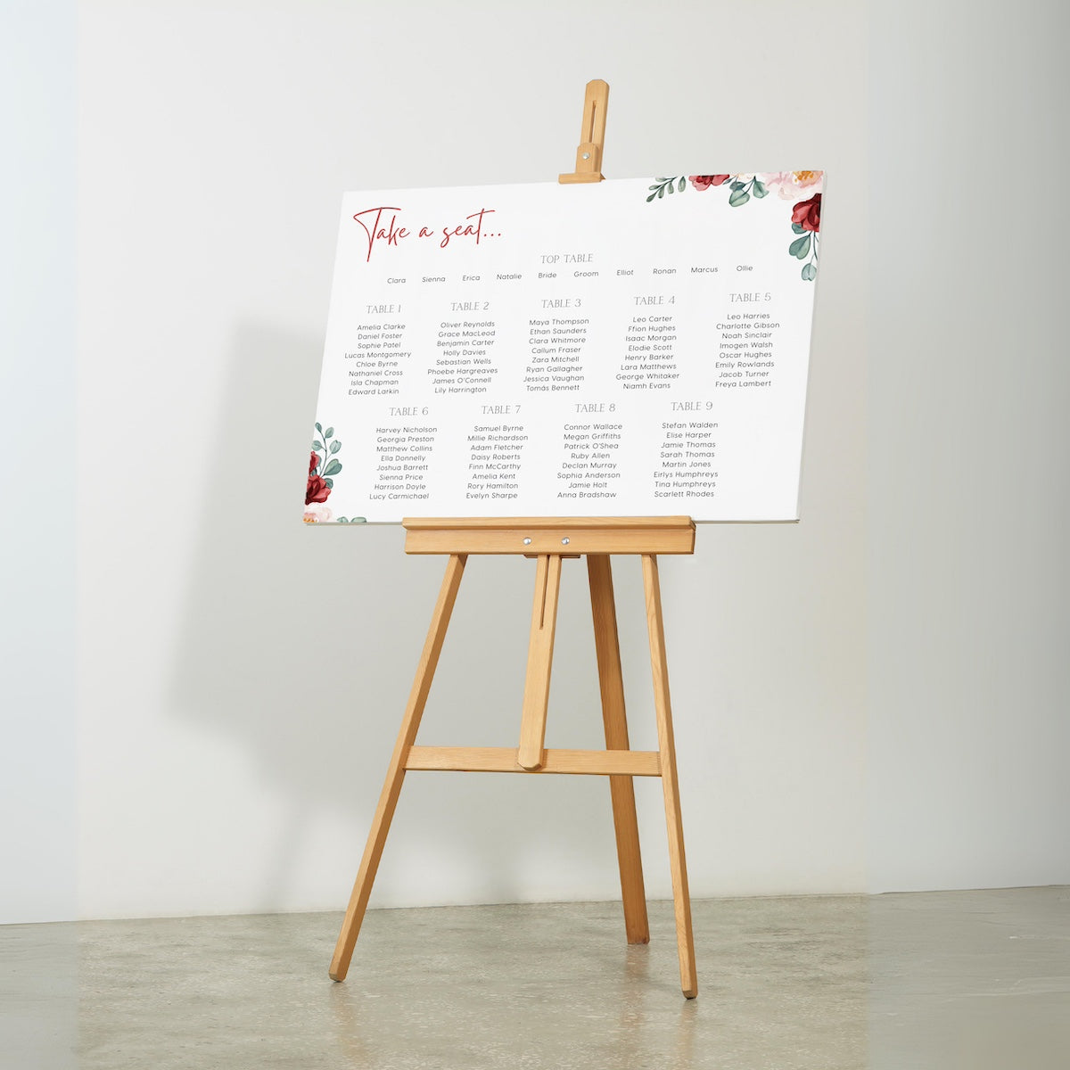 red floral seating chart - personalised floral wedding seating plan board