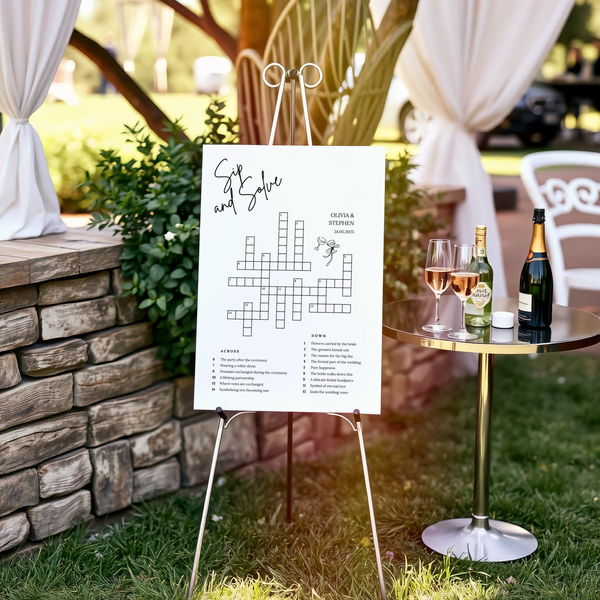 sip and solve wedding board - wedding crossword sign board for reception - wedding guest games - wedding entertainment ideas