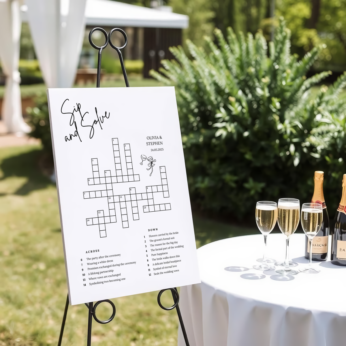sip and solve wedding board - wedding crossword sign board for reception - wedding guest games - wedding entertainment ideas