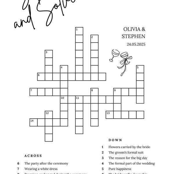 sip and solve wedding board - wedding crossword sign board for reception - wedding guest games - wedding entertainment ideas