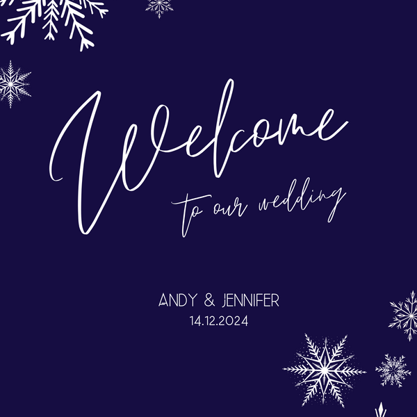 tis the season to be married wedding welcome sign | winter wedding welcome sign | custom navy blue snowflakes wedding signage