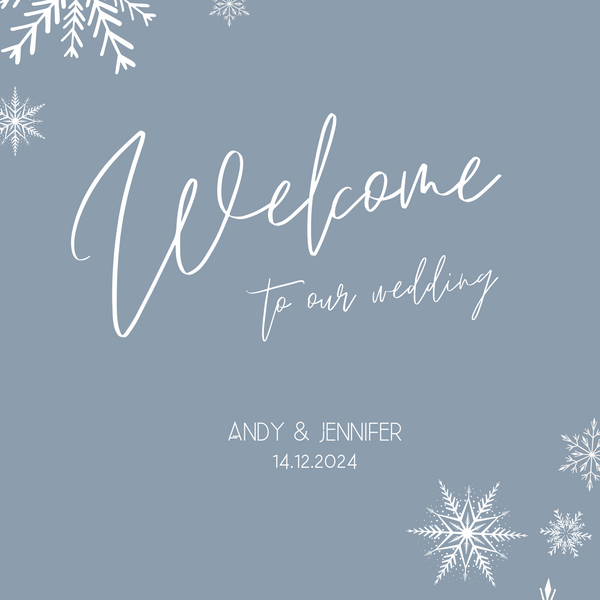 tis the season to be married wedding welcome sign | winter wedding welcome sign | custom dusty blue snowflakes wedding signage