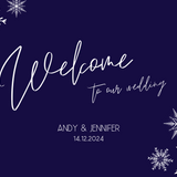 navy blue welcome sign - snowflakes winter wedding welcome sign - personalised wedding signage