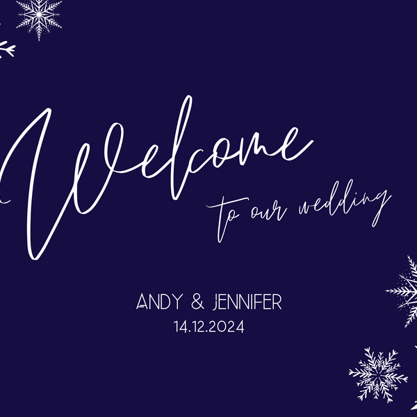 navy blue welcome sign - snowflakes winter wedding welcome sign - personalised wedding signage