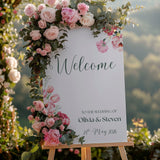 pink floral wedding welcome signage - tulips and carnations wedding signage - Pink themed wedding signage - Spring Wedding Decor