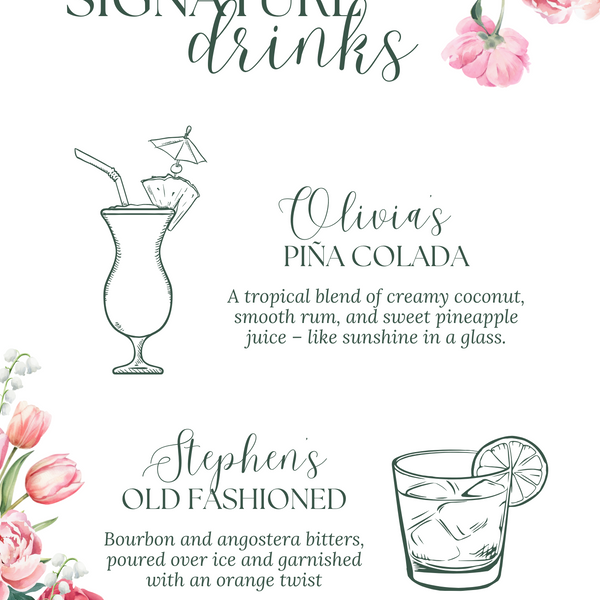 Spring Floral Signature Drinks Sign - Pink Floral Wedding Signage - Pink Tulips Carnations Wedding Signs