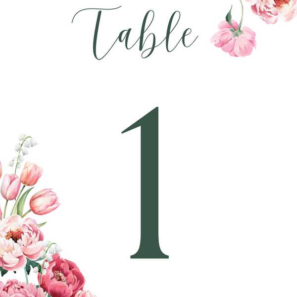Spring Floral Table Numbers - Pink Floral Wedding Signage - Pink Tulips Carnations Wedding Signs