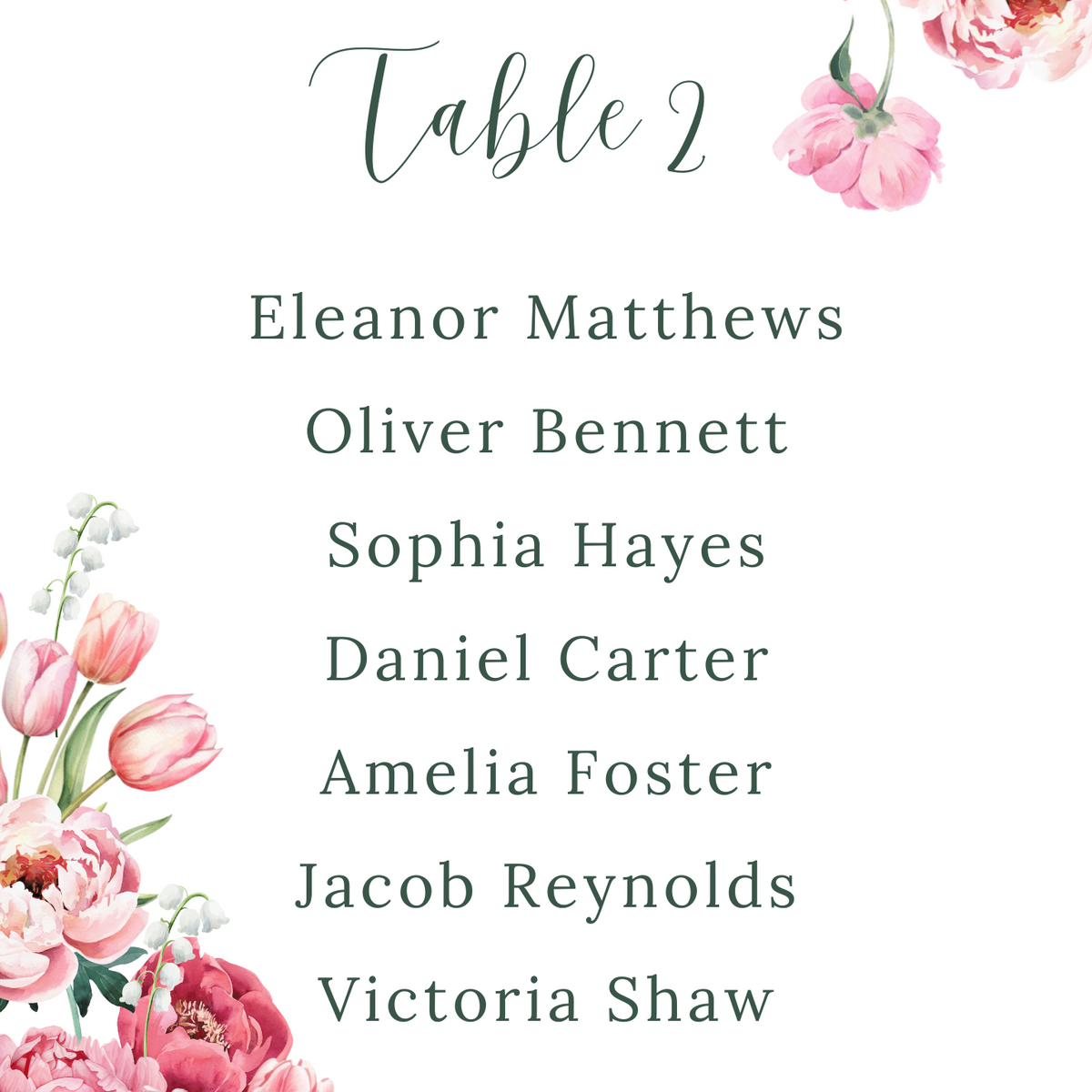 Spring Floral Seating Plan Cards- Pink Floral Wedding Signage - Pink Tulips Carnations Wedding Signs