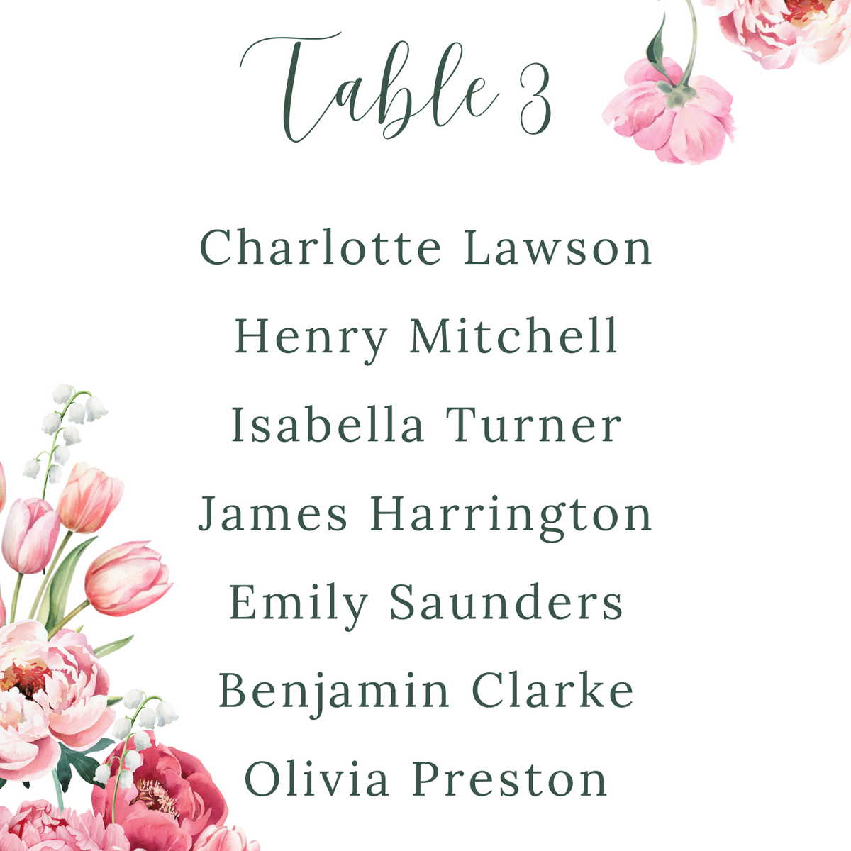 Spring Floral Seating Plan Cards- Pink Floral Wedding Signage - Pink Tulips Carnations Wedding Signs