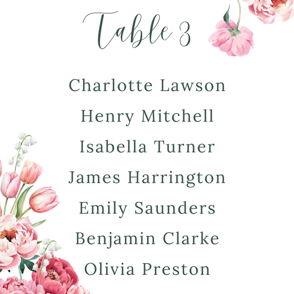 Spring Floral Seating Plan Cards- Pink Floral Wedding Signage - Pink Tulips Carnations Wedding Signs