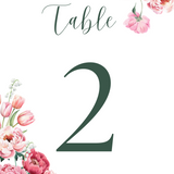 Spring Floral Table Numbers - Pink Floral Wedding Signage - Pink Tulips Carnations Wedding Signs