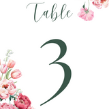 Spring Floral Table Numbers - Pink Floral Wedding Signage - Pink Tulips Carnations Wedding Signs