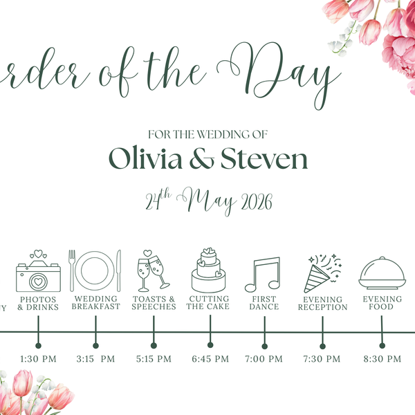 Spring Floral Order of The Day Sign - Pink Floral Wedding Signage - Pink Tulips Carnations Wedding Signs