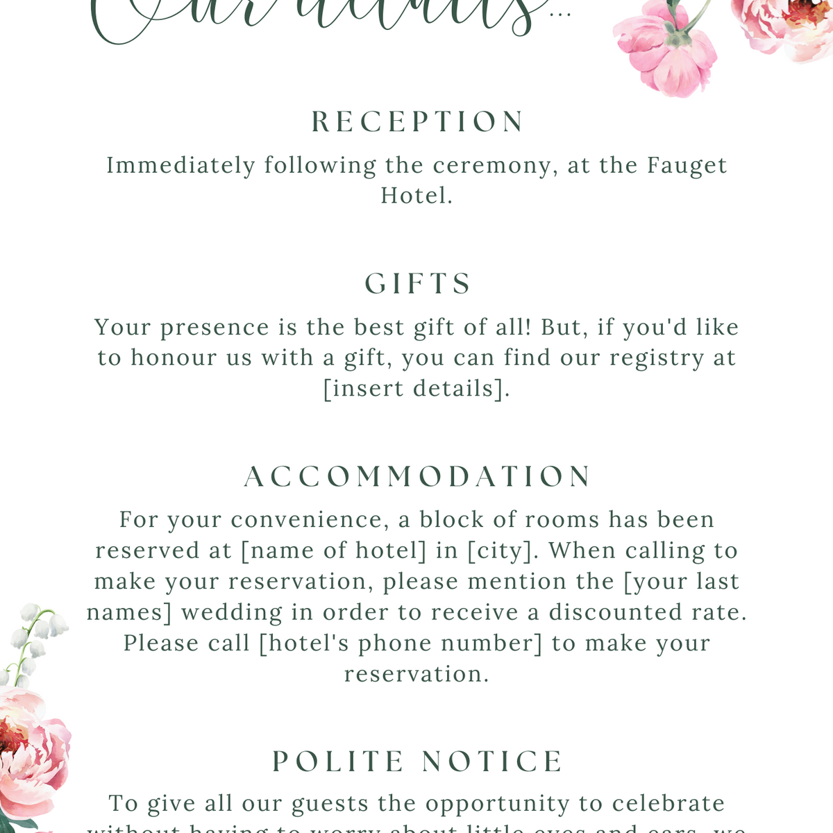 Spring Floral Personalised Wedding Invitations - Pink Floral Wedding Signage - Pink Tulips Carnations Wedding Signs