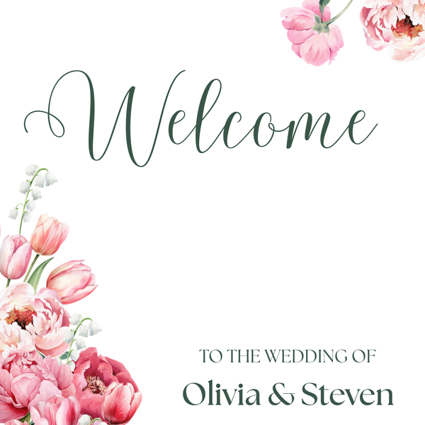 pink floral wedding welcome signage - tulips and carnations wedding signage - Pink themed wedding signage - Spring Wedding Decor