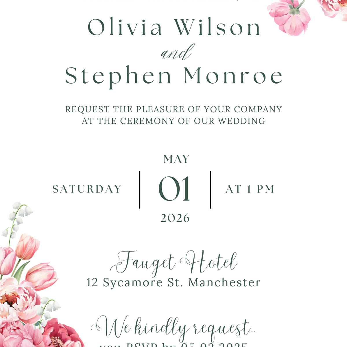 Spring Floral Personalised Wedding Invitations - Pink Floral Wedding Signage - Pink Tulips Carnations Wedding Signs