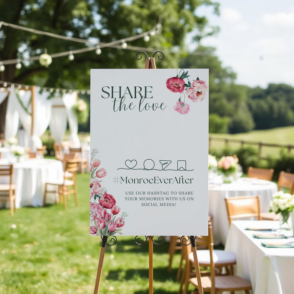 Spring Floral Personalised Wedding Hashtag Sign - Pink Floral Wedding Signage - Pink Tulips Carnations Wedding Signs