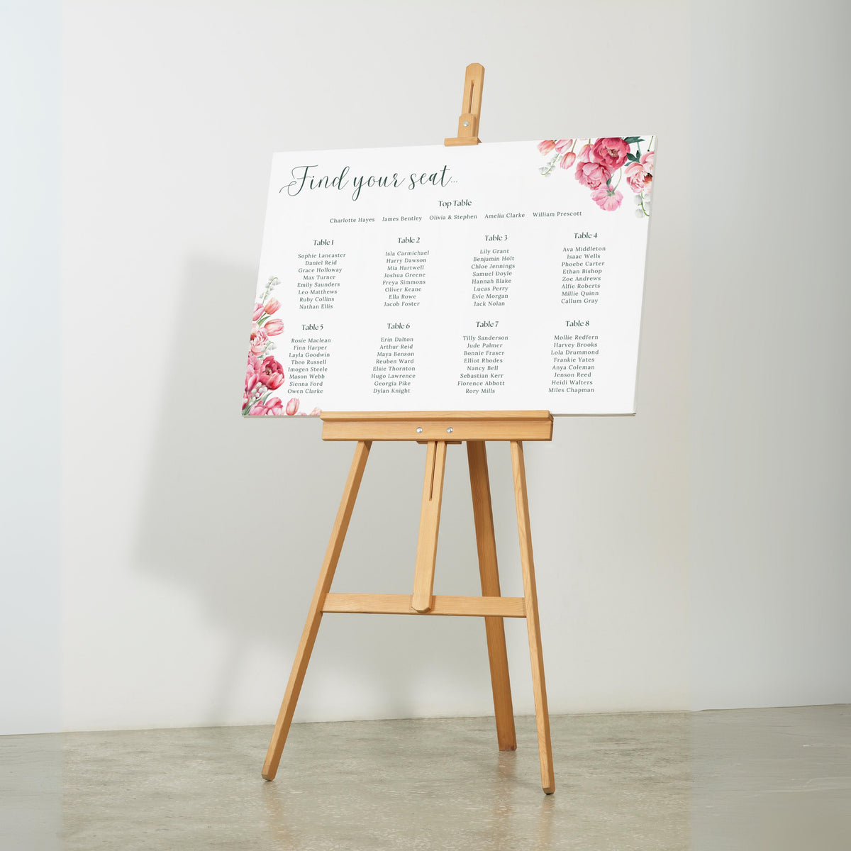 Spring Floral Find your Seat, Seating Plan Sign - Pink Floral Wedding Signage - Pink Tulips Carnations Wedding Signs