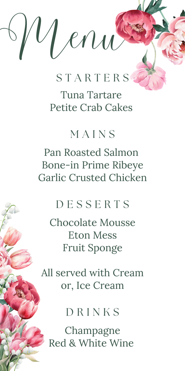 Spring Floral Wedding Menu Cards - Pink Floral Wedding Signage - Pink Tulips Carnations Wedding Signs