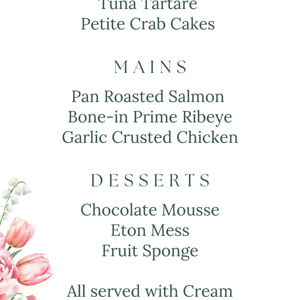 Spring Floral Wedding Menu Cards - Pink Floral Wedding Signage - Pink Tulips Carnations Wedding Signs