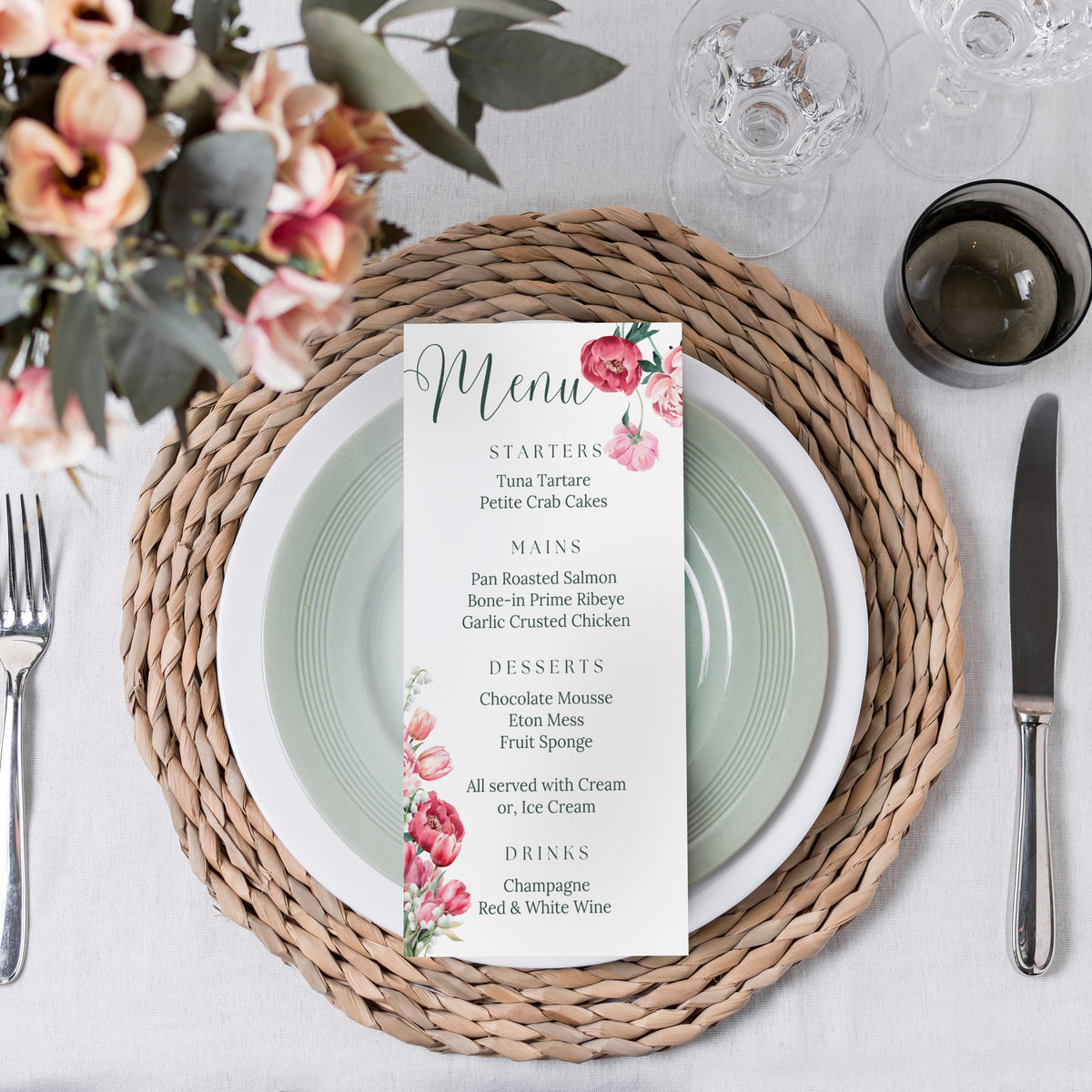 Spring Floral Wedding Menu Cards - Pink Floral Wedding Signage - Pink Tulips Carnations Wedding Signs