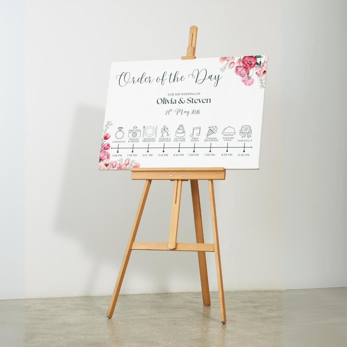 Spring Floral Order of The Day Sign - Pink Floral Wedding Signage - Pink Tulips Carnations Wedding Signs