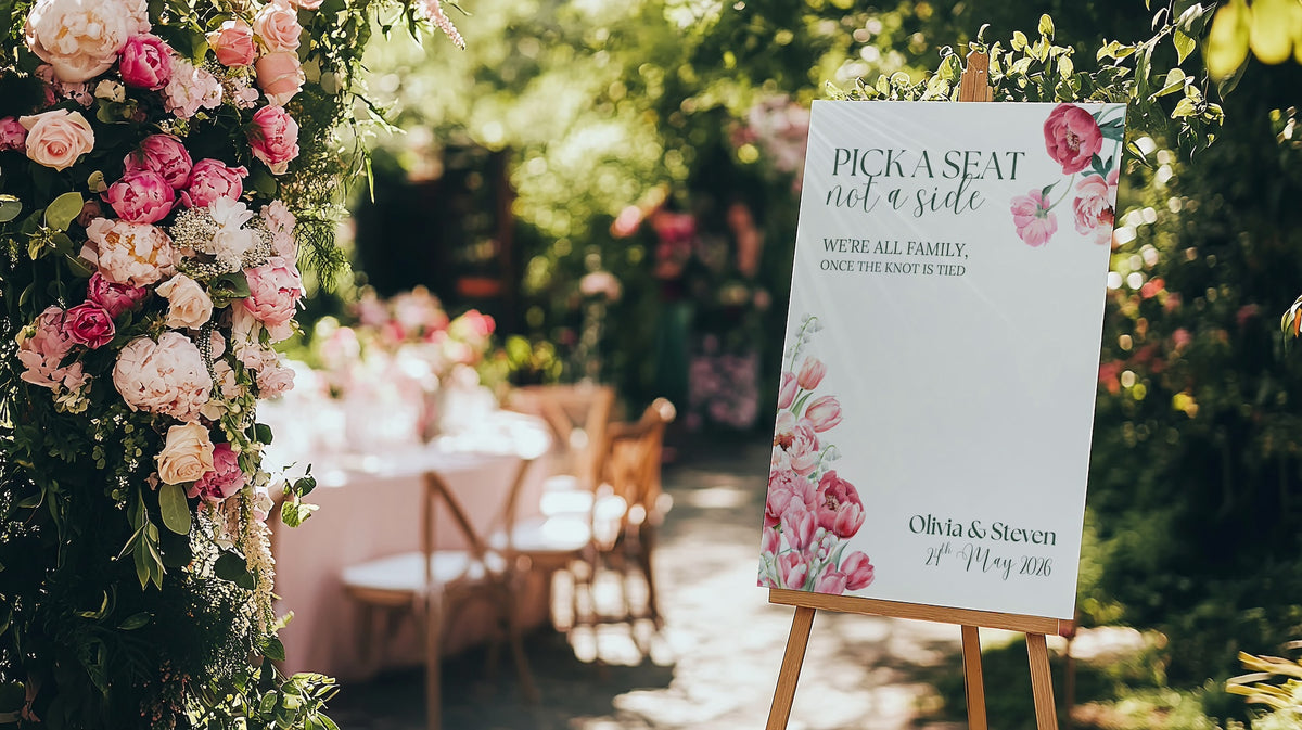 Spring Floral Pick A Seat Not A Side Wedding Sign - Pink Floral Wedding Signage - Pink Tulips Carnations Wedding Signs