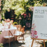 Spring Floral Pick A Seat Not A Side Wedding Sign - Pink Floral Wedding Signage - Pink Tulips Carnations Wedding Signs