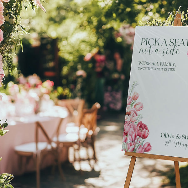 Spring Floral Pick A Seat Not A Side Wedding Sign - Pink Floral Wedding Signage - Pink Tulips Carnations Wedding Signs