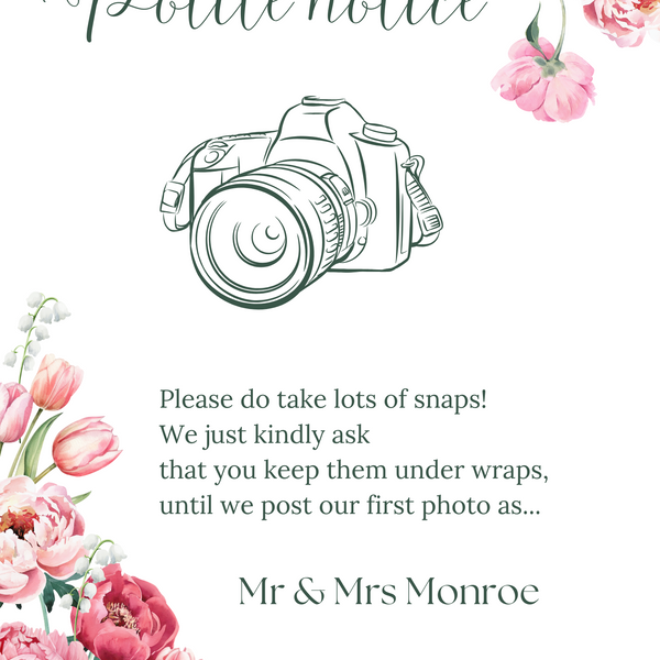 Spring Floral Polite Notice Sign - Pink Floral Wedding Signage - Pink Tulips Carnations Wedding Signs