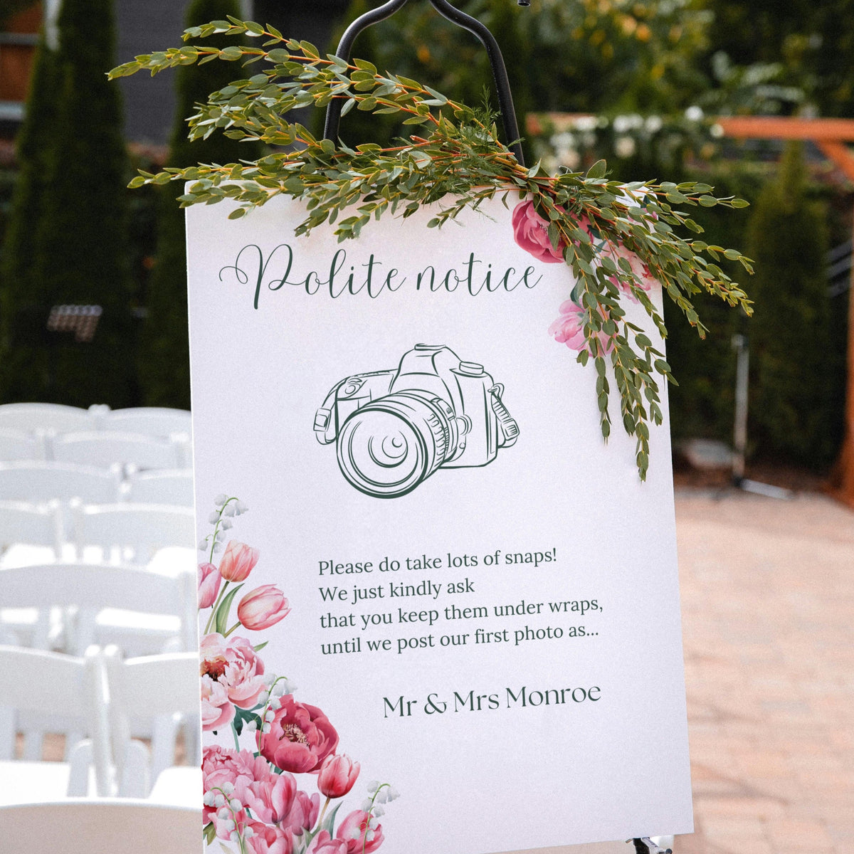 Spring Floral Polite Notice Sign - Pink Floral Wedding Signage - Pink Tulips Carnations Wedding Signs