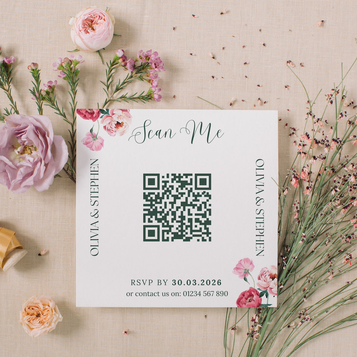 Spring Floral RSVP Card with QR Code Card  - Pink Floral Wedding Signage - Pink Tulips Carnations Wedding Signs