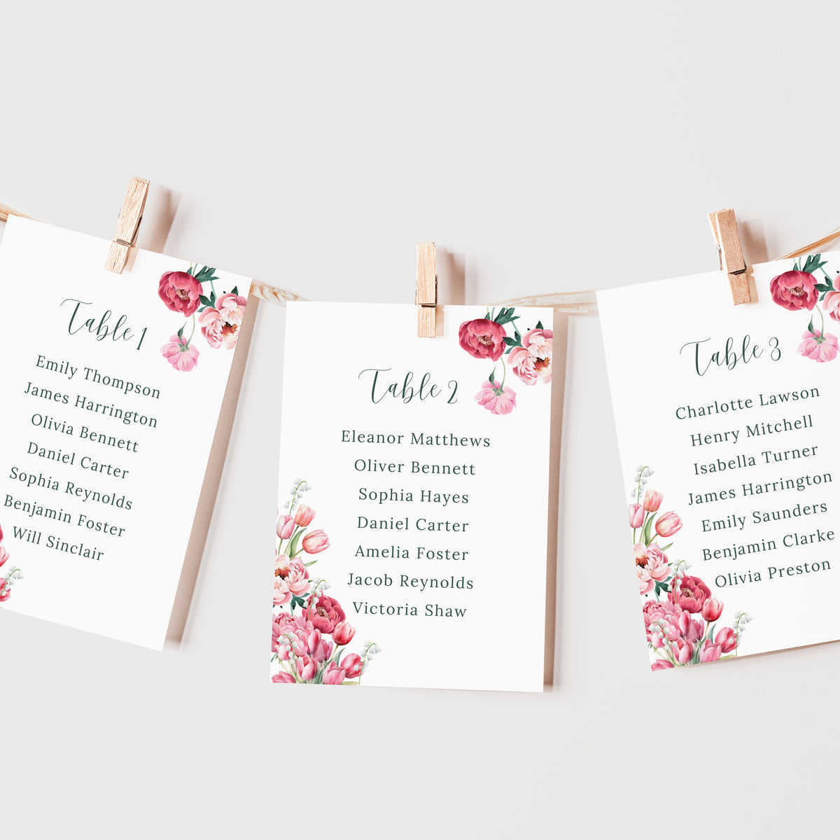 Spring Floral Seating Plan Cards- Pink Floral Wedding Signage - Pink Tulips Carnations Wedding Signs