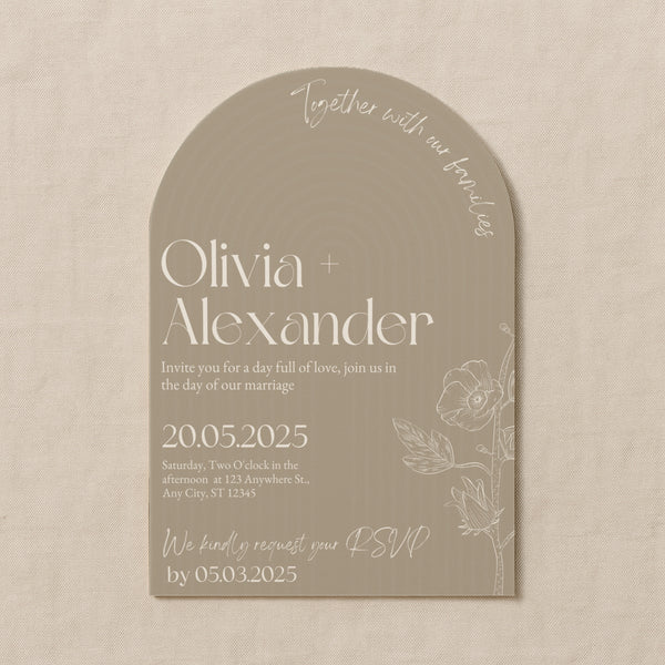 luxury arch shaped wedding invitations in stone beige - fully personalised elegant wedding invitations premium