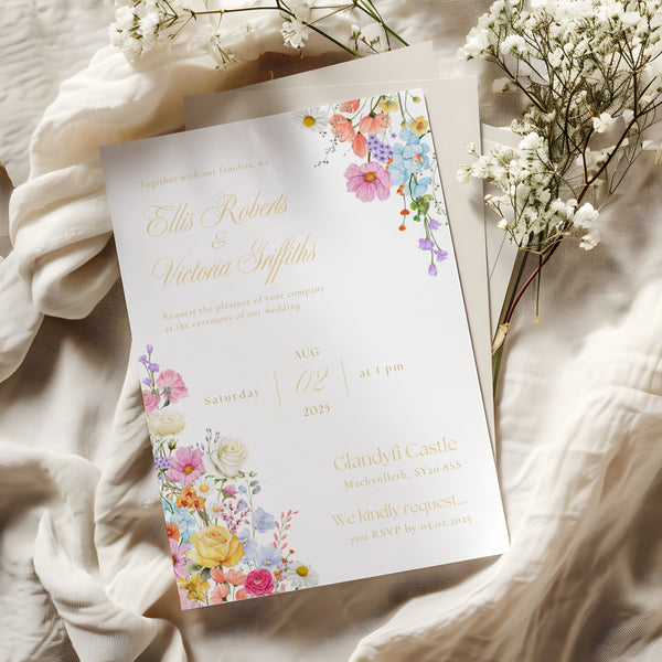 Summer Floral Wedding Invitations Personalised - Summer Collection features beautiful wedding stationery and signage with gentle summer colours, vibrant florals, and soft butter yellow text – perfect for adding a fresh, romantic feel to your special day.