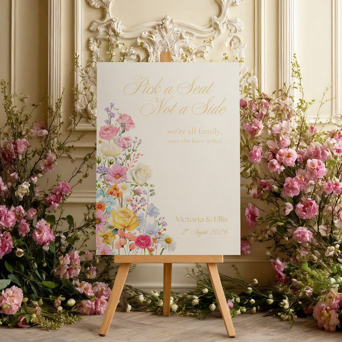 Pick a Seat Not a Side Wedding Welcome Sign - Our Summer Collection features beautiful wedding stationery and signage with gentle summer colours, vibrant florals, and soft butter yellow text – perfect for adding a fresh, romantic feel to your special day.