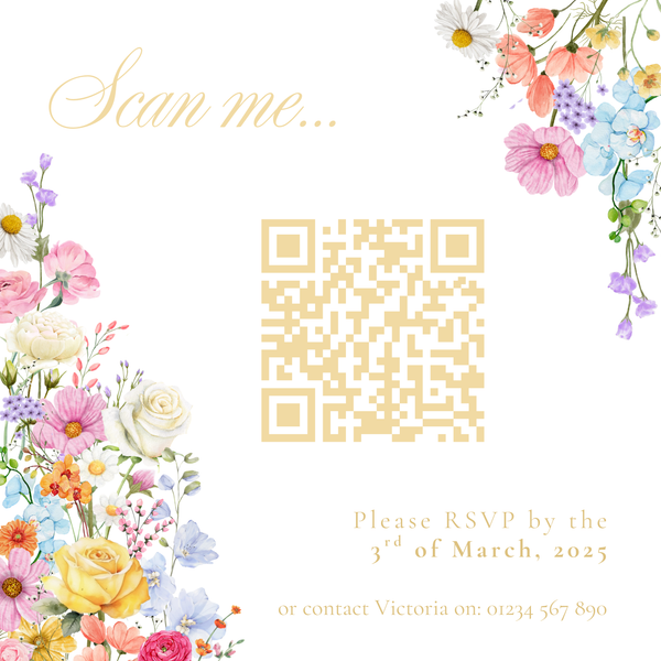 Custom QR Code RSVP Wedding Cards - Our Summer Collection features beautiful wedding stationery and signage with gentle summer colours, vibrant florals, and soft butter yellow text – perfect for adding a fresh, romantic feel to your special day.