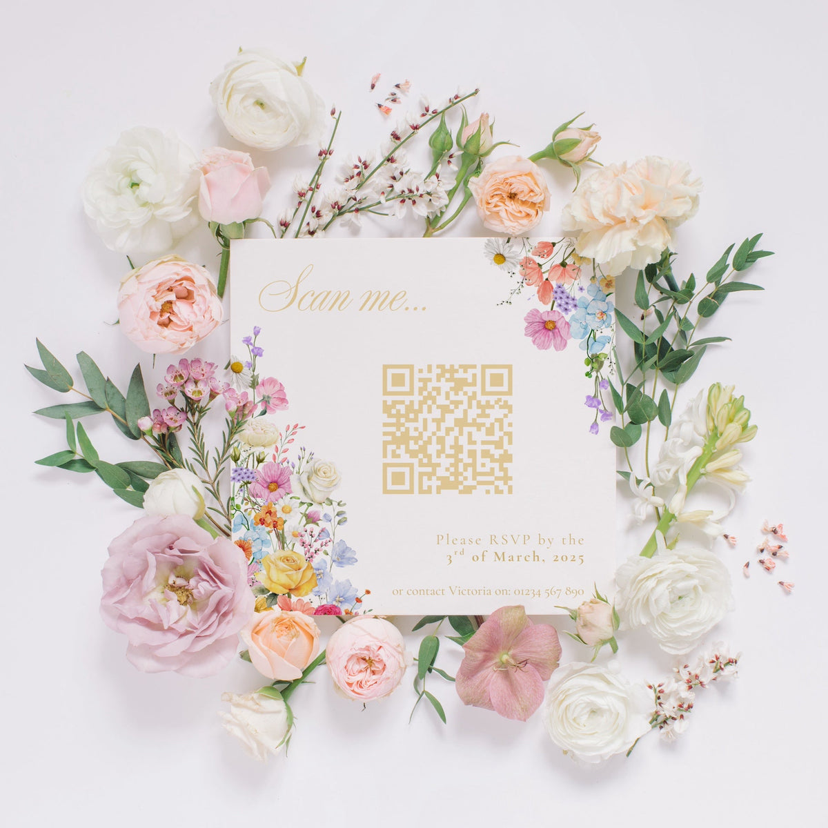 Custom QR Code RSVP Wedding Cards - Our Summer Collection features beautiful wedding stationery and signage with gentle summer colours, vibrant florals, and soft butter yellow text – perfect for adding a fresh, romantic feel to your special day.