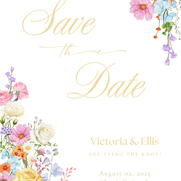Wedding Save the Date Cards - Our Summer Collection features beautiful wedding stationery and signage with gentle summer colours, vibrant florals, and soft butter yellow text – perfect for adding a fresh, romantic feel to your special day.